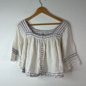 Free People See Saw Boho Peasant Top Lace Trim Cream Metallic Size S Small